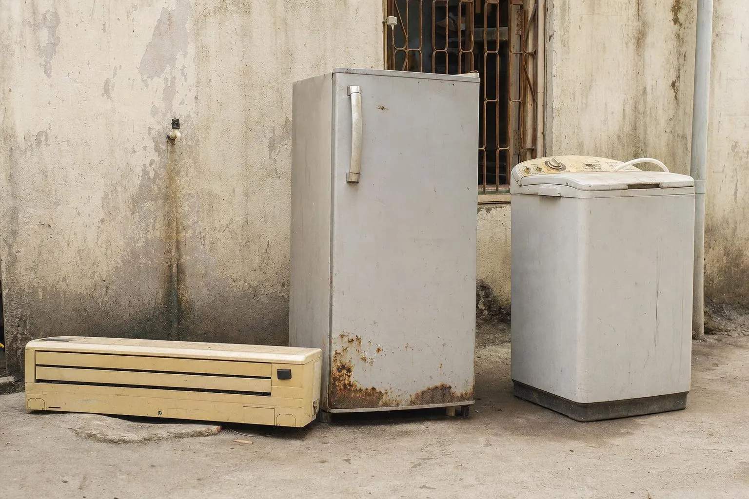 Old household appliances awaiting collection: a yellowed split AC unit, a single-door refrigerator with rust along the base, and a top-loading washing machine