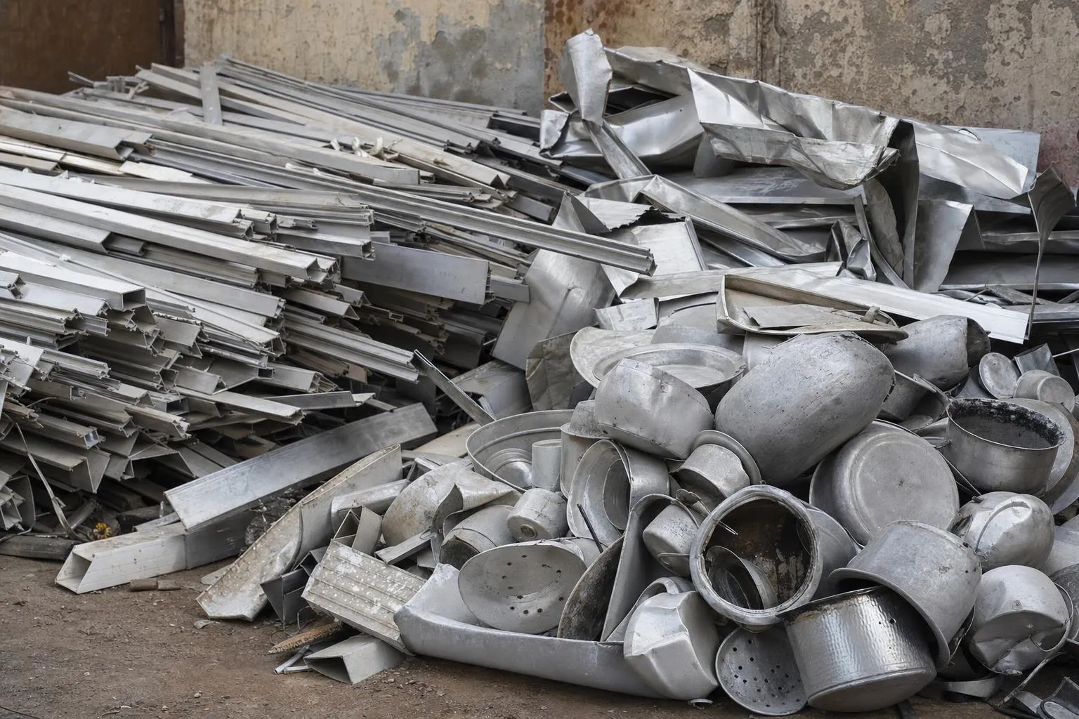 Aluminium scrap stacked on a yard floor: lengths of extruded window frame section, folded aluminium sheet offcuts, and a heap of battered cooking utensils