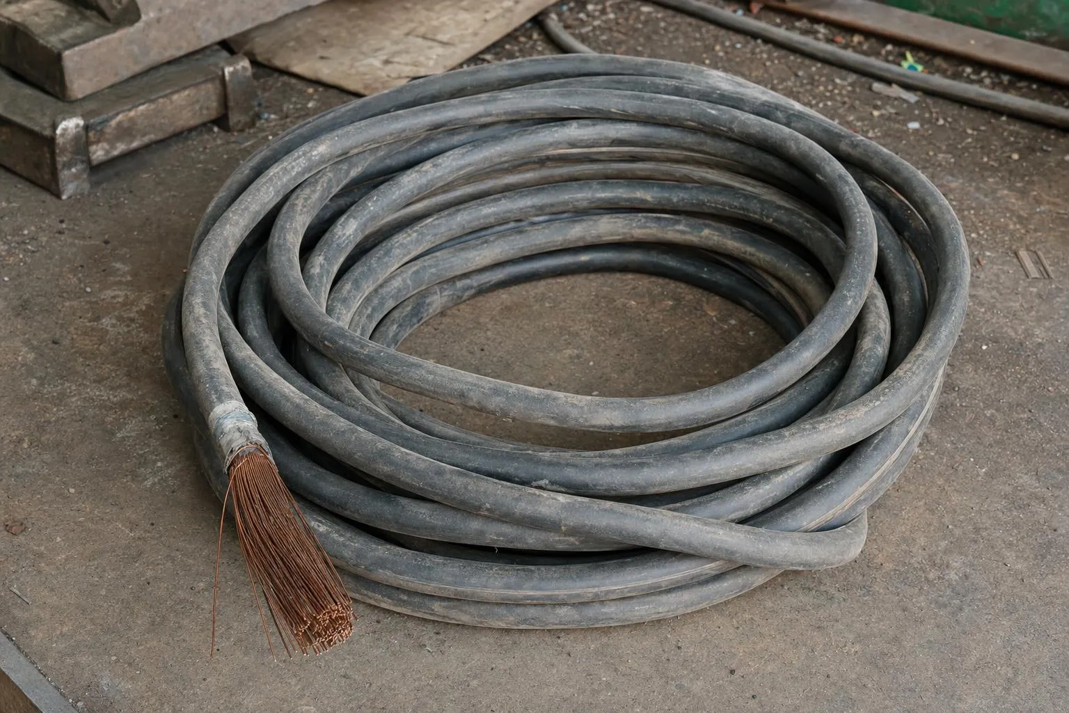 Coiled electrical cable awaiting stripping on a workshop floor: thick insulated copper cable wound into loops, one end stripped back to bare copper strands