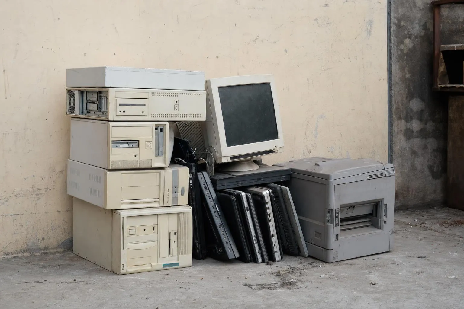 Obsolete office IT equipment on a concrete floor: beige desktop towers, an old monitor, closed laptops and a grey laser printer
