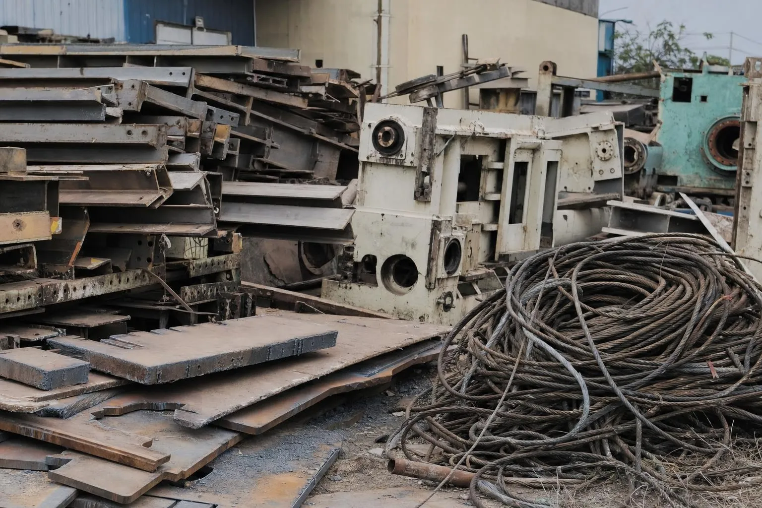 Bulk industrial scrap in a factory yard: stacked structural steel beams, cut steel plate, a dismantled machine frame and coiled industrial cable
