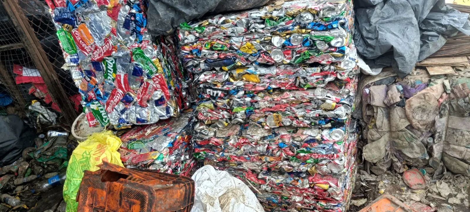 Baled aluminium cans stacked at the KGN Enterprises yard in Bakaram, Kavadiguda, Hyderabad