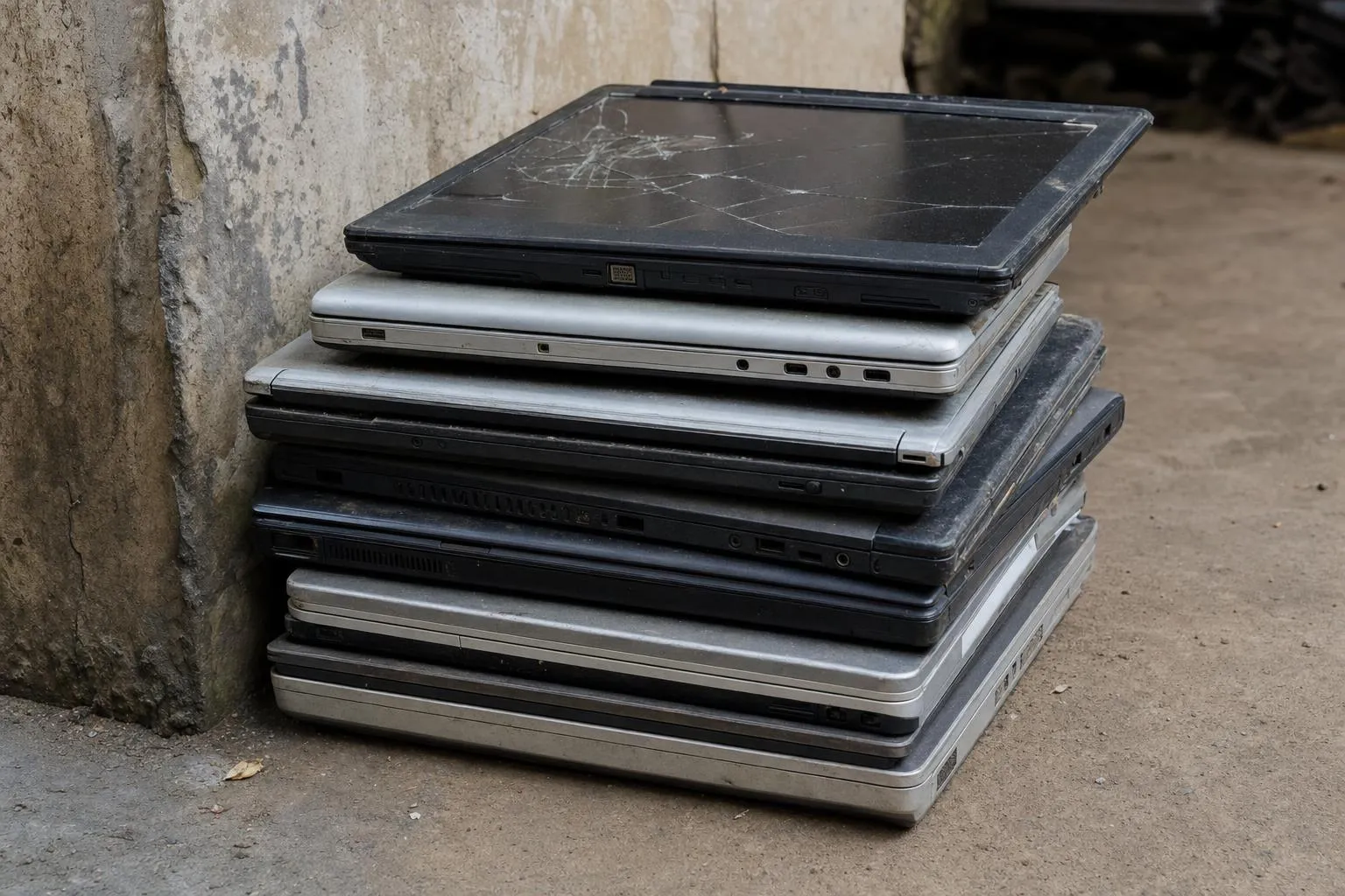 A stack of obsolete laptops on a concrete floor: closed silver and black machines of mixed ages, one with a cracked screen, dusty and long unused