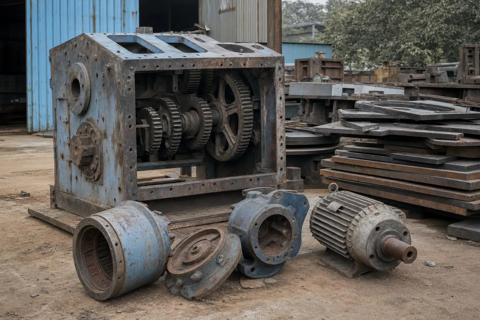 Dismantled industrial machinery in a factory yard: a heavy machine frame with exposed gears, cut steel plate stacked nearby and loose motor housings