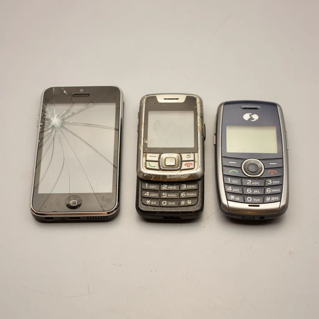 Three old mobile phones of different eras: one with a cracked screen, one with a keypad, one feature phone.