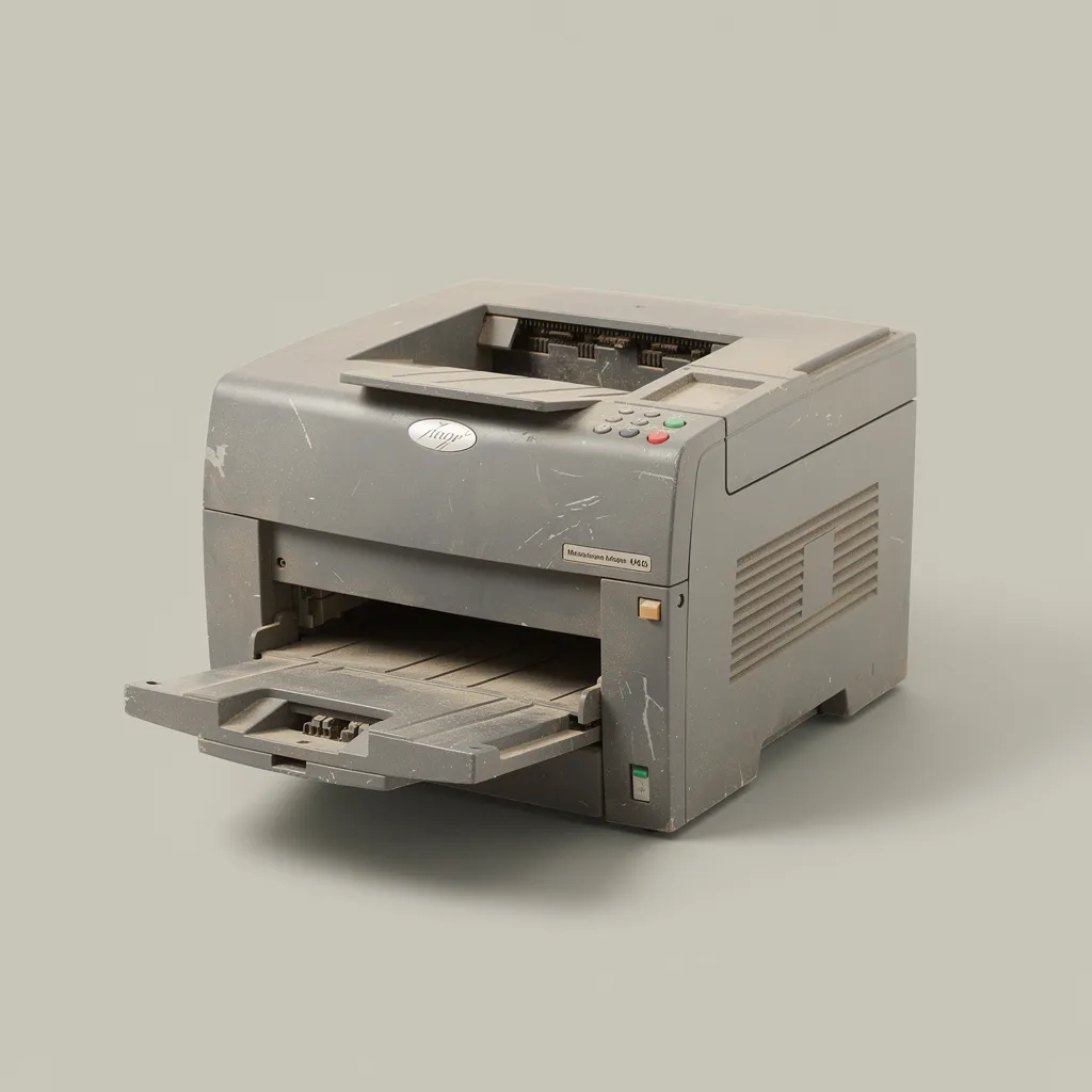 An old grey office laser printer with the paper tray slightly open, dusty with worn panels.