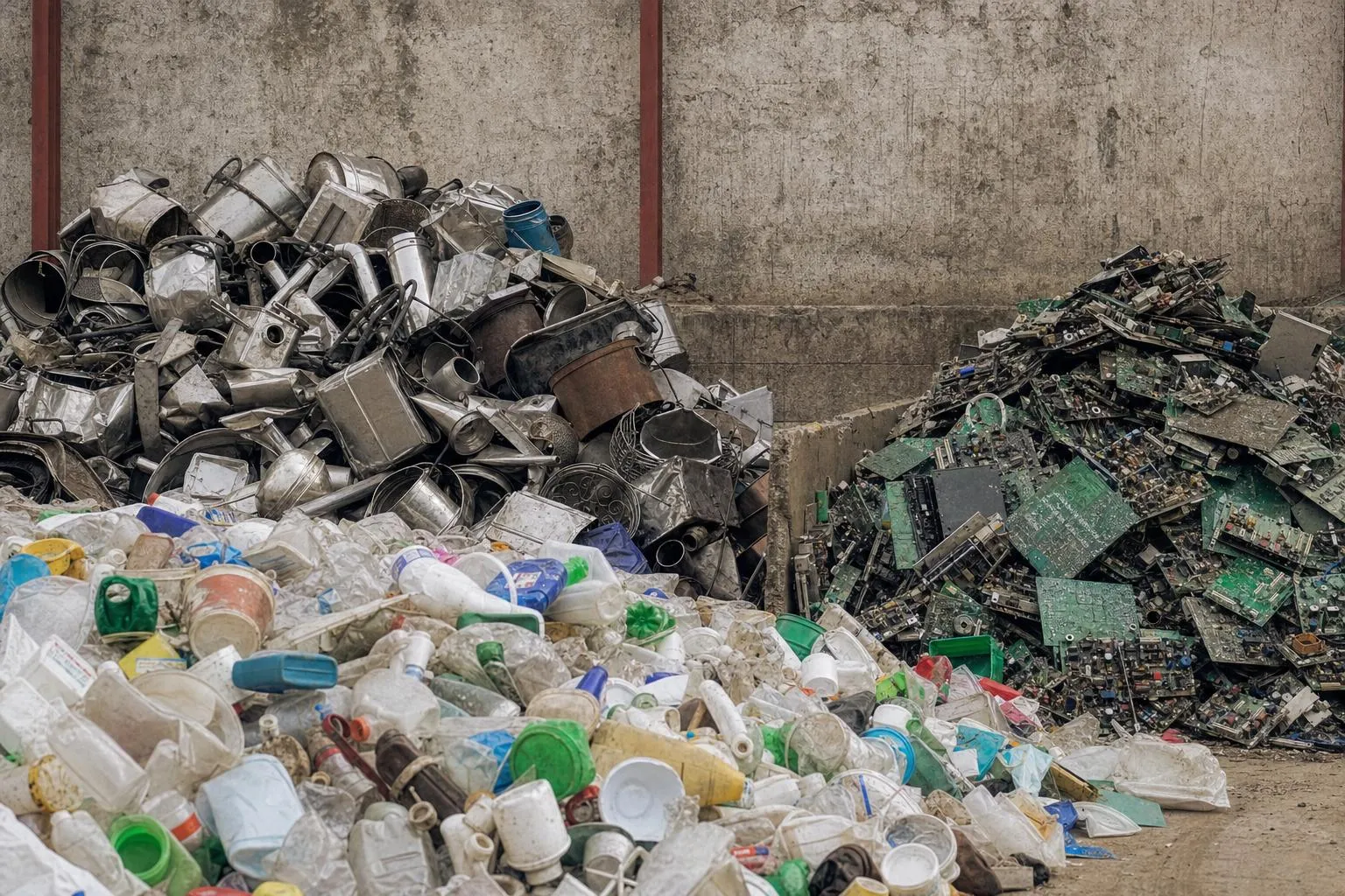 Sorted scrap streams separated into distinct piles at a recycling yard: mixed metals in one heap, plastics in another, and electronic boards in a third