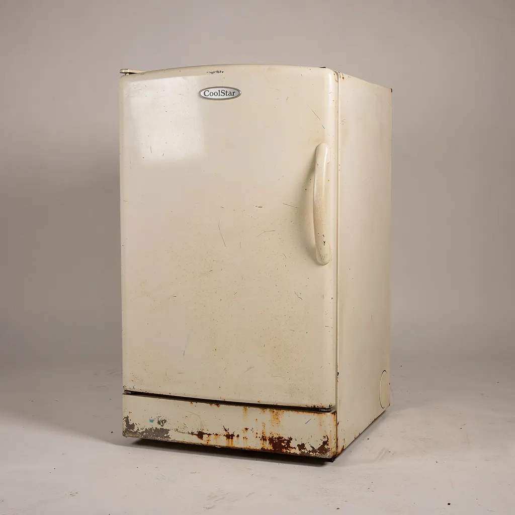 An old single-door refrigerator with a rounded 1990s shape, off-white and rusted along the bottom.