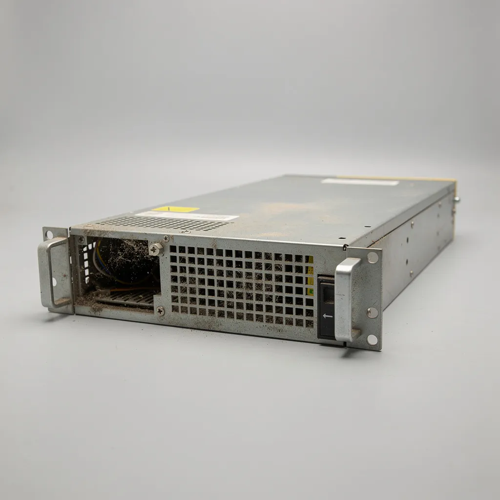 A used rack-mounted server unit with ventilation grilles and mounting brackets, dusty.