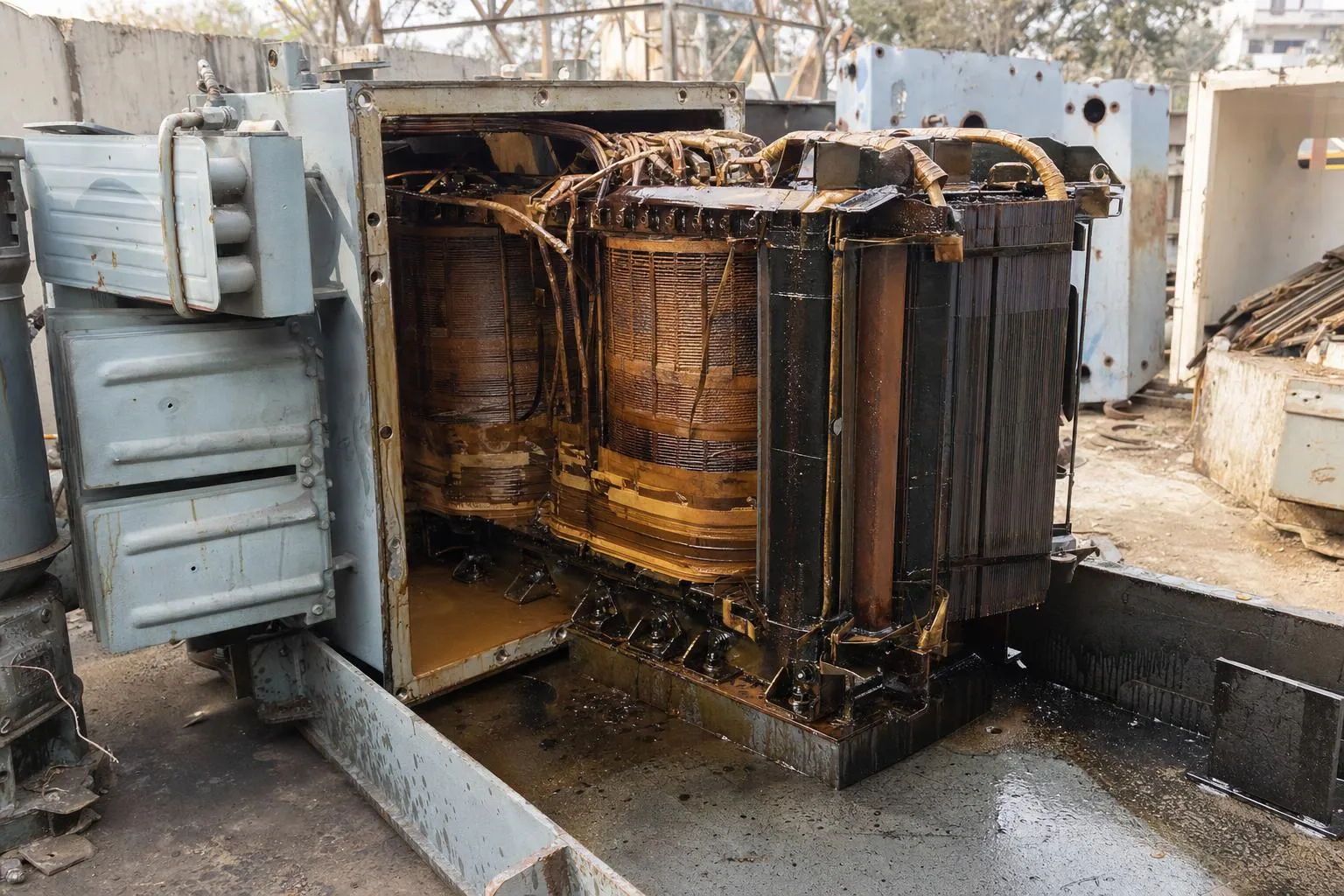 A dismantled electrical transformer in an industrial yard: the steel casing opened to reveal copper windings and the laminated core, base stained with oil