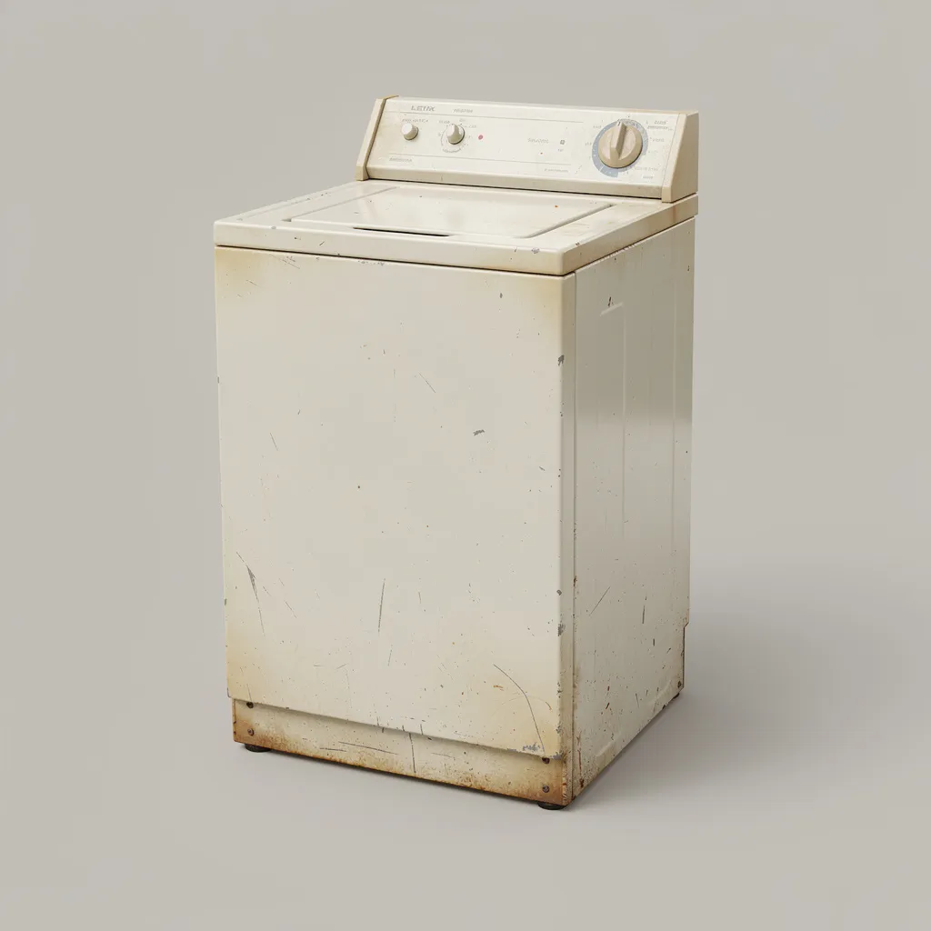 An old top-loading washing machine with a scuffed white plastic body and a worn control dial.