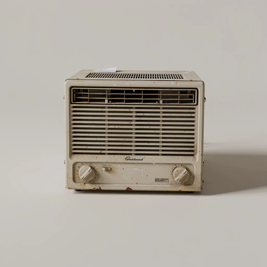 An old window air conditioner unit with the front grille and control dials visible, casing rust-spotted.